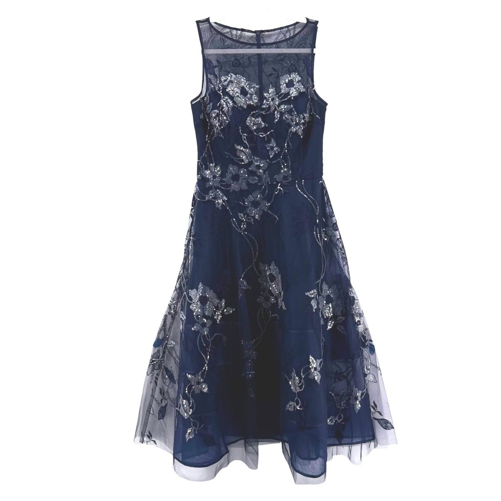 Teri Jon Rickie Freeman Navy Sequin Floral Mesh Fit Flare Dress Sz 2 Sleeveless